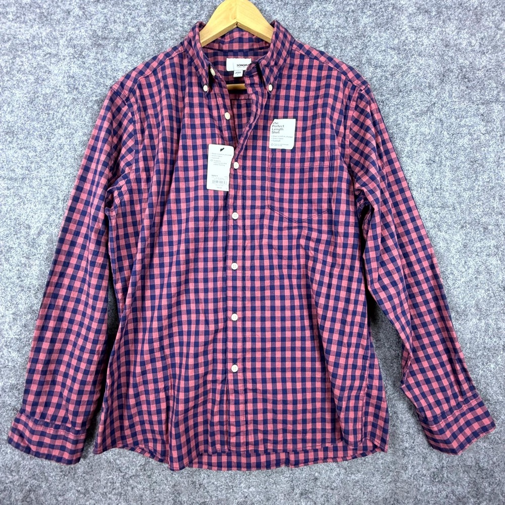 Sonoma Goods for Life Shirt Men Large Pink Blue Check Cotton Stretch Button Down